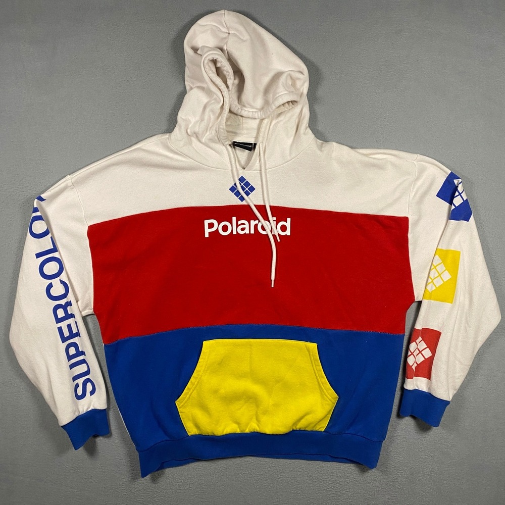 Polaroid Hoodie Men XL White Red Blue Colorblock Supercolor Graphic Pullover